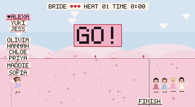 The big screen mid-race: a dozen pixel brides running across pink hills toward four bridesmaids at the finish line.